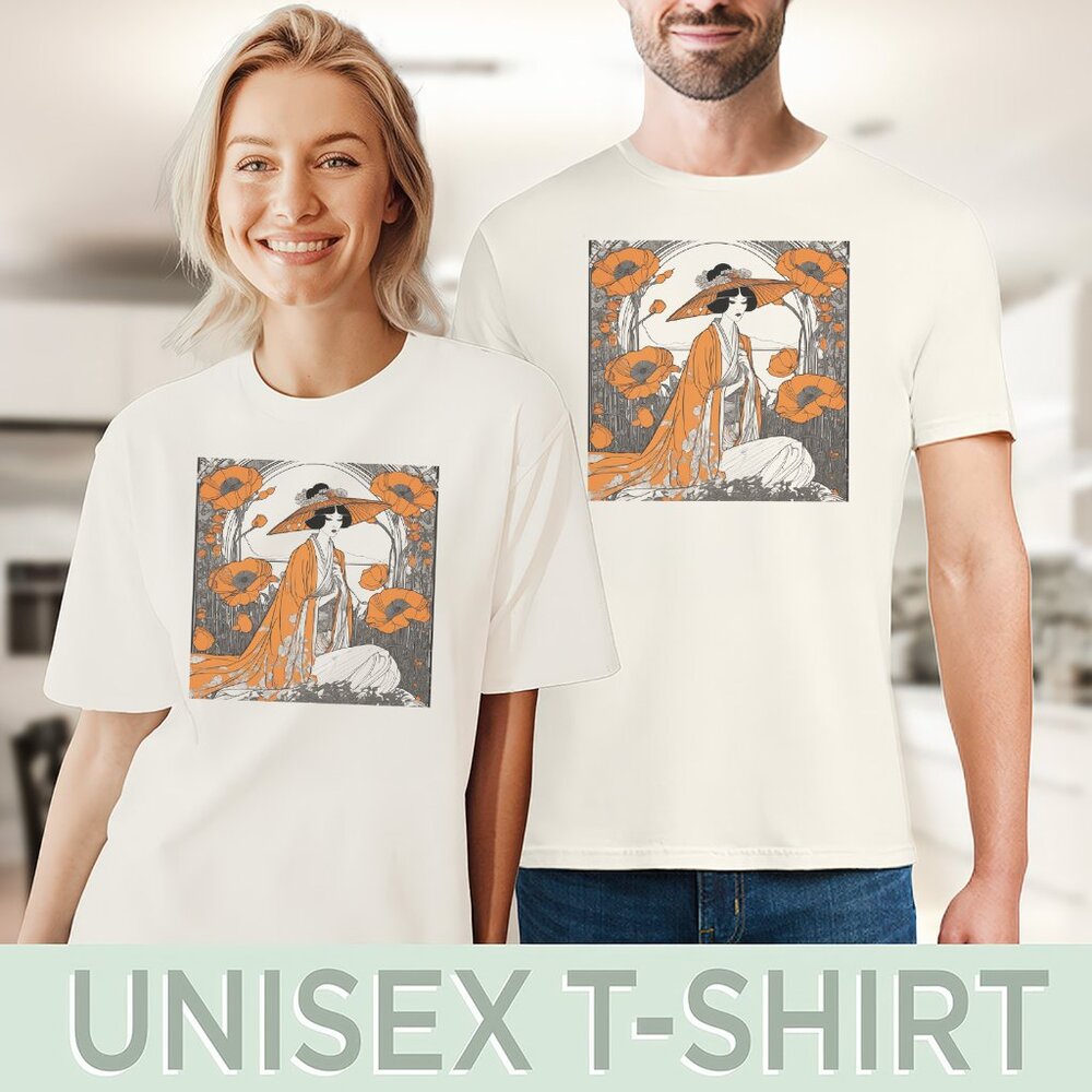 japanese kimono geisha art shirt orange poppy floral artwork asian garden print - Picture 5 of 6